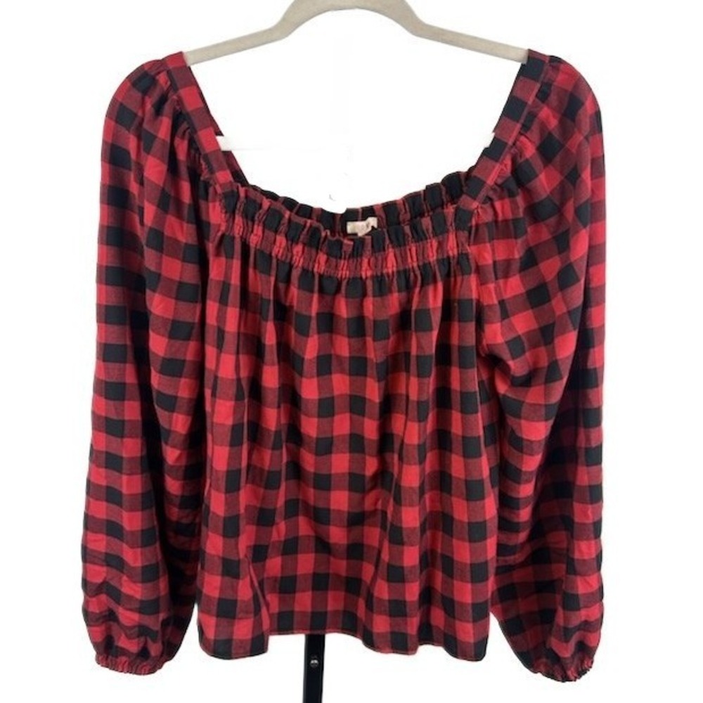 JODIFL Women's Size Small Red Black Buffalo Plaid Smocked Peasant Top